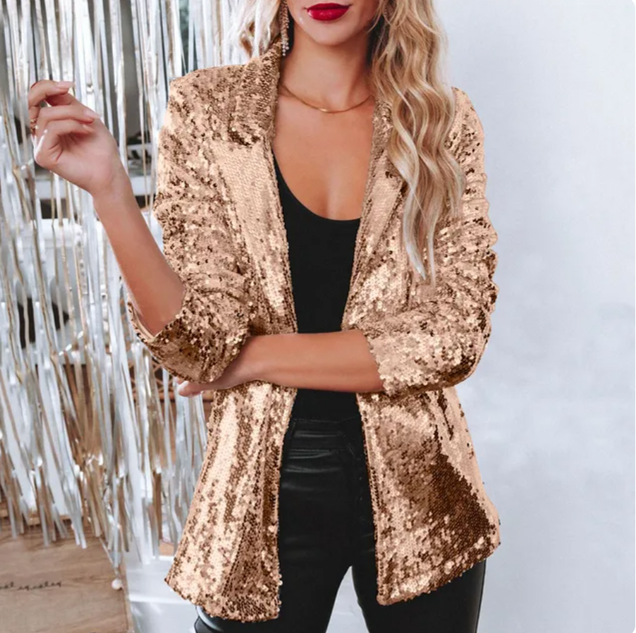 Glitzer Blazer für den Herbst - Stilvolle Lange Jacke mit Glitzernde Pailletten für Damen