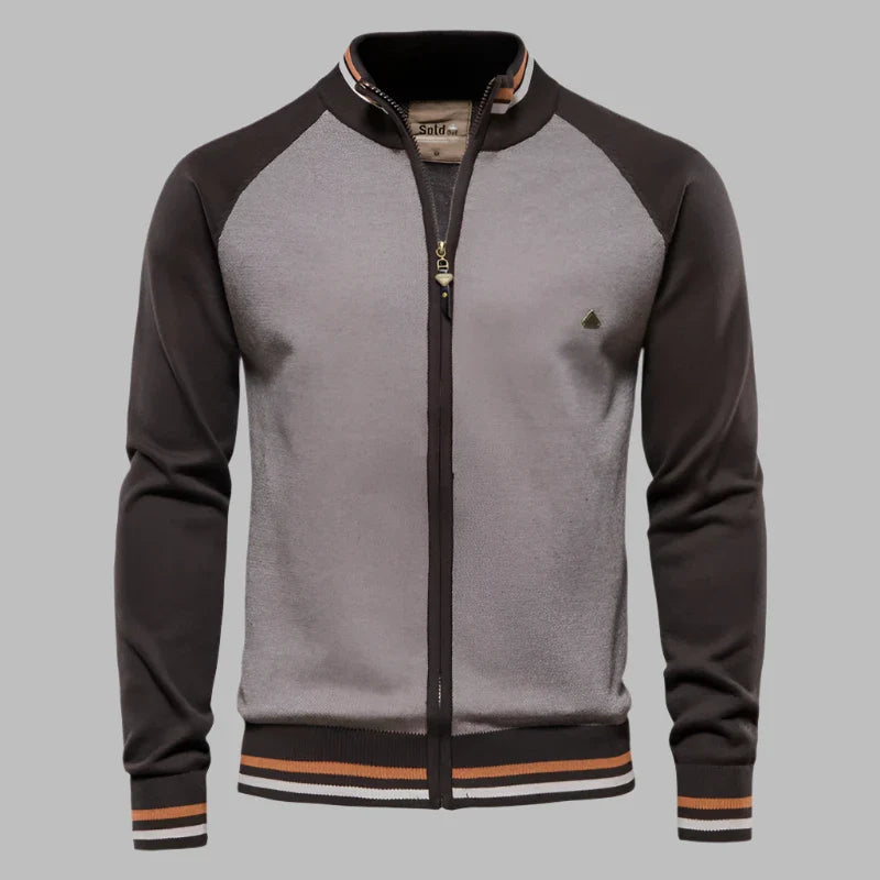 Graue und schwarze Herren-Bomberjacke mit Reißverschluss, gestreiftem Kragen und Bündchen. Modische Freizeitjacke für Herren.