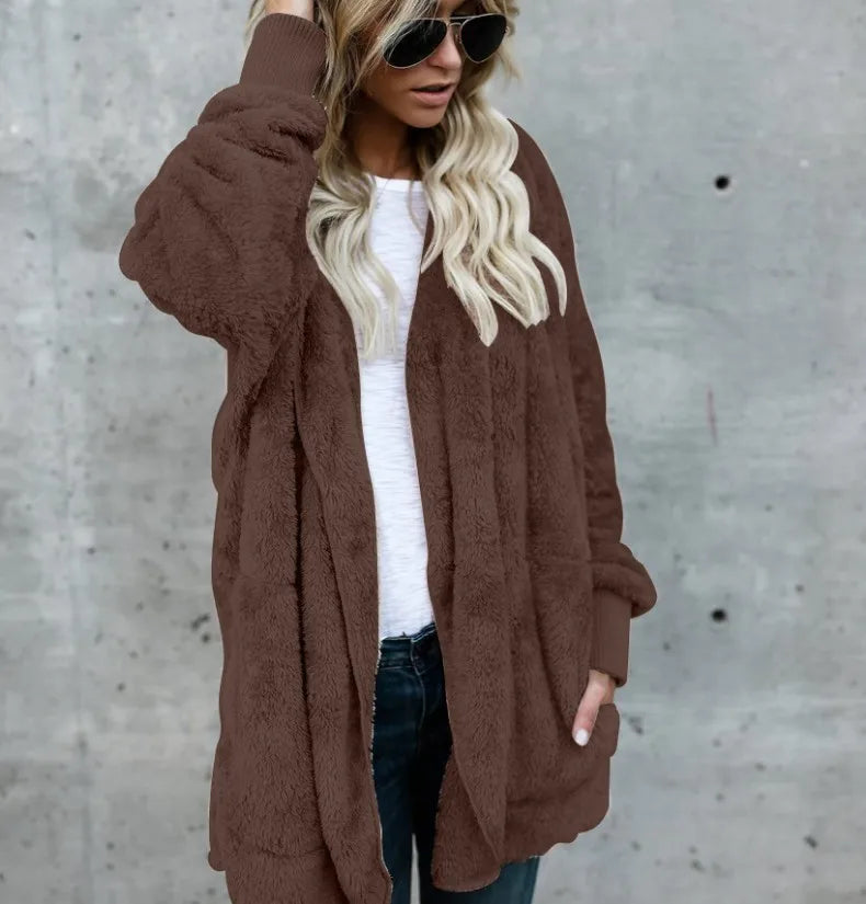 Fleecejacke für den kalte Tage - Lange Teddyjacke mit Kapuze für Damen
