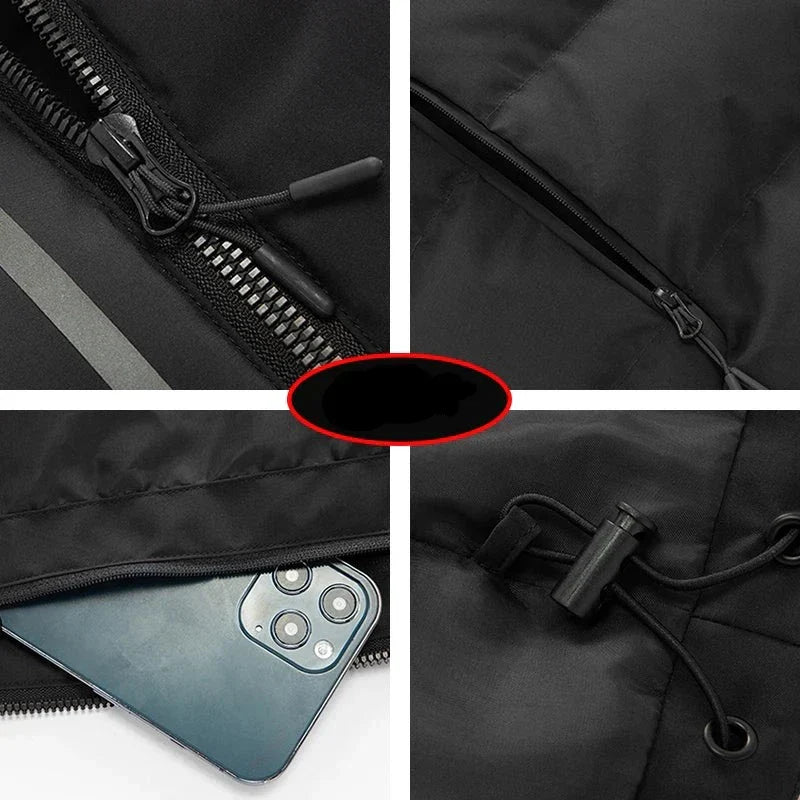 Schwarze Winterjacke mit Reißverschluss, reflektierendem Streifen, Kordelzug und Smartphone-Tasche. Hochwertige Outdoor-Bekleidung für kalte Tage.