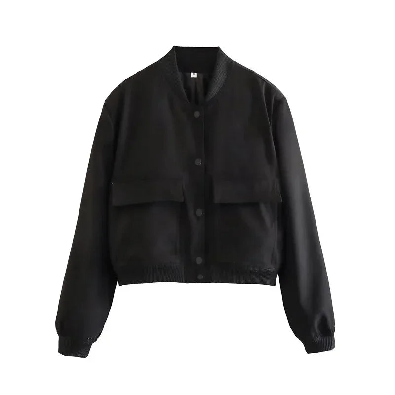 Schwarze Bomberjacke für Damen, lässiger Stil, mit Knopfleiste und Taschen, ideal für Herbstmode, vielseitig kombinierbar, trendige Oberbekleidung.