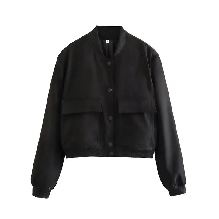 Schwarze Bomberjacke für Damen, lässiger Stil, mit Knopfleiste und Taschen, ideal für Herbstmode, vielseitig kombinierbar, trendige Oberbekleidung.