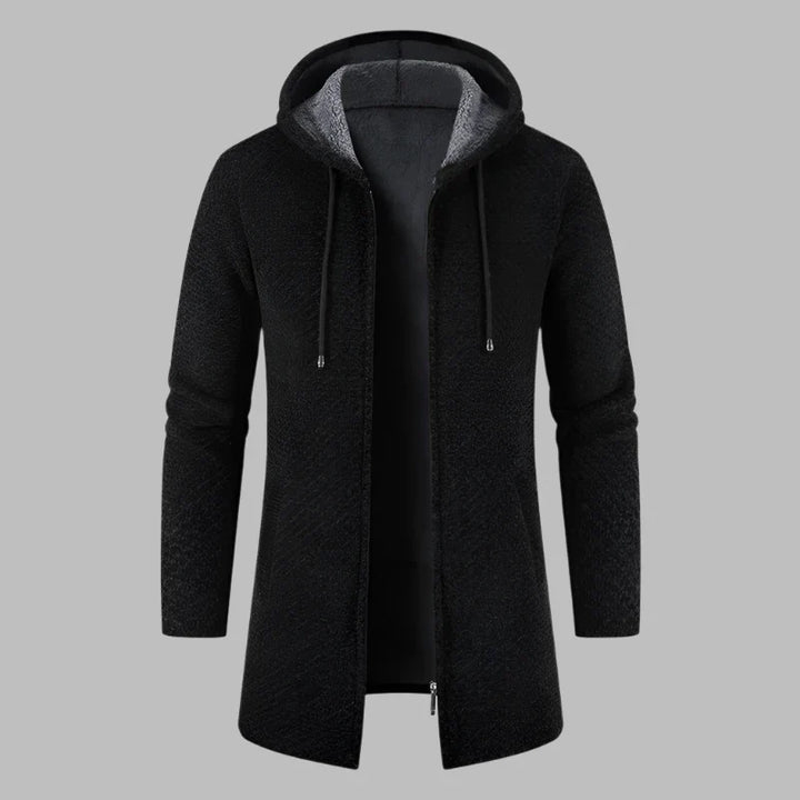Schwarzer Herren-Hoodie mit Reißverschluss, Kapuze und langen Ärmeln auf grauem Hintergrund. Modischer, bequemer Kapuzenpullover für Herbst und Winter.