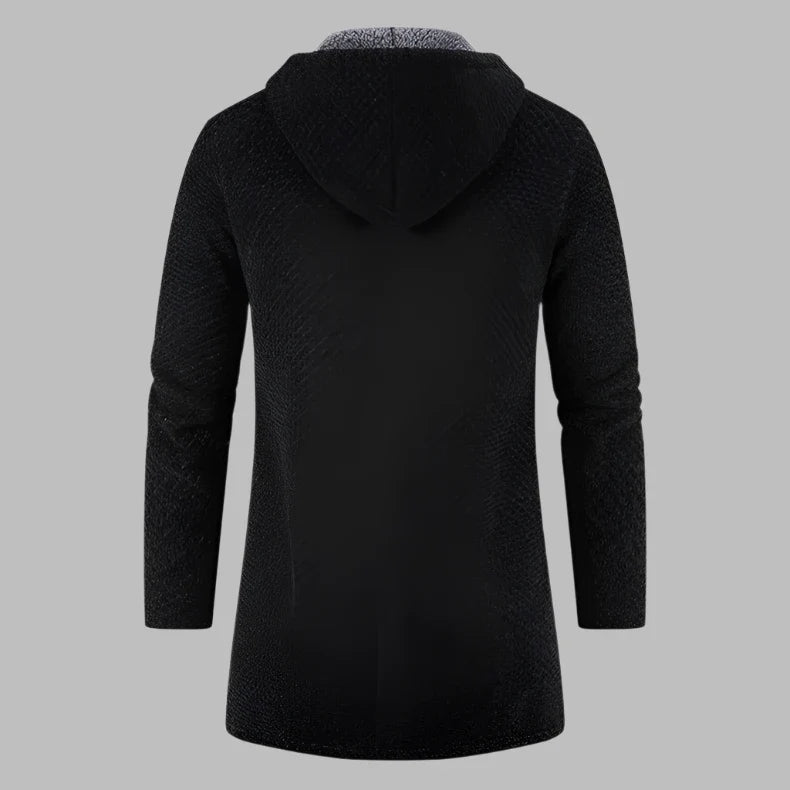 Schwarzer Herren-Hoodie mit Kapuze, langärmlig, Rückansicht. Modischer, bequemer Kapuzenpullover für Herbst und Winter. Ideal für Freizeitkleidung.