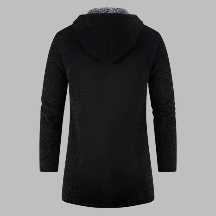 Schwarzer Herren-Hoodie mit Kapuze, langärmlig, Rückansicht. Modischer, bequemer Kapuzenpullover für Herbst und Winter. Ideal für Freizeitkleidung.