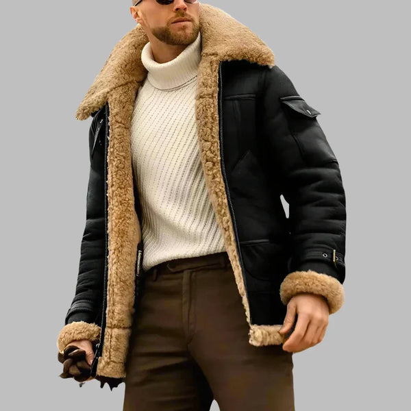 Aviator Leder Wintermantel Herren | Stilvoller langer Wintermantel mit Wollfutter