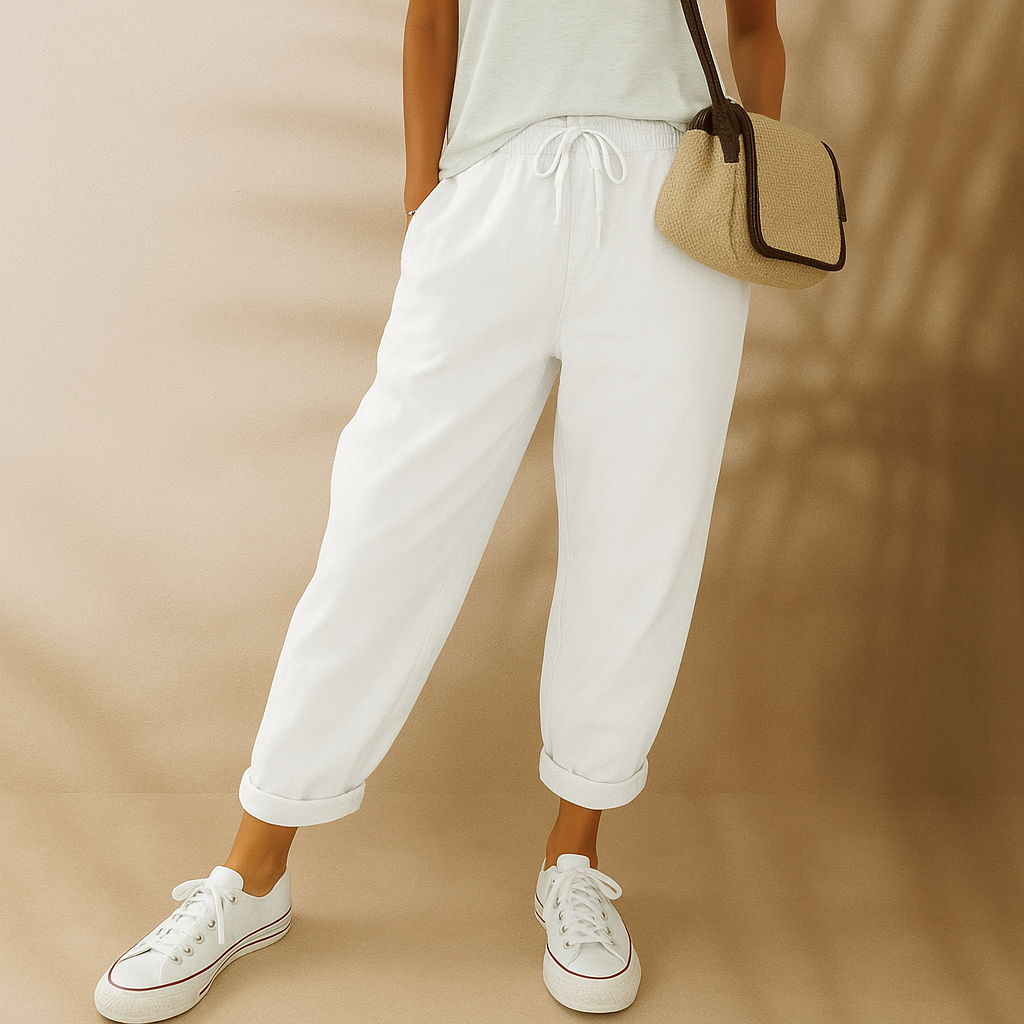 Frau in weißer Leinenhose und Sneakers, trägt eine beige Umhängetasche. Sommermode, lässiger Stil, bequeme Kleidung.