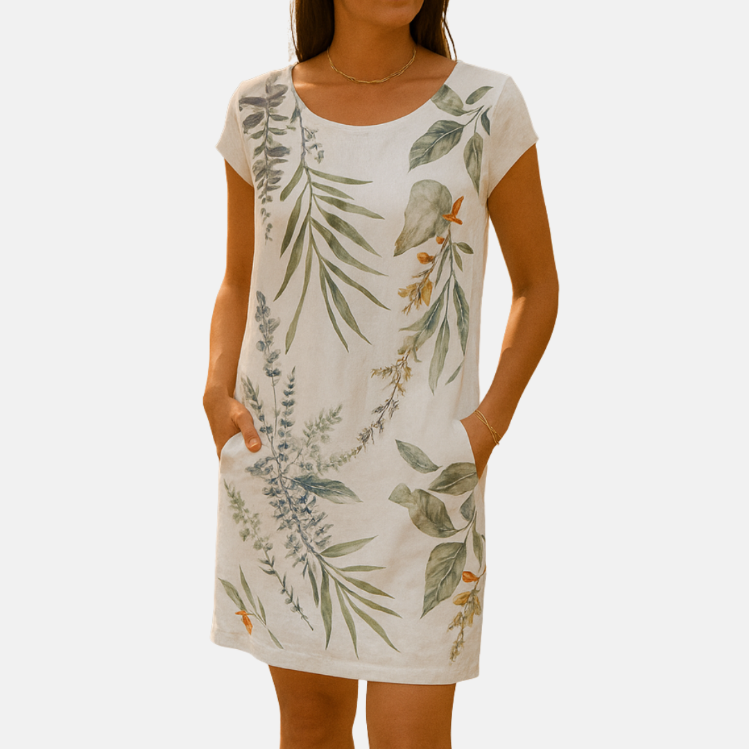 Frau trägt weißes Sommerkleid mit botanischem Muster, kurze Ärmel, Taschen, lässiger Stil. Ideal für Freizeitmode und Sommeroutfits.