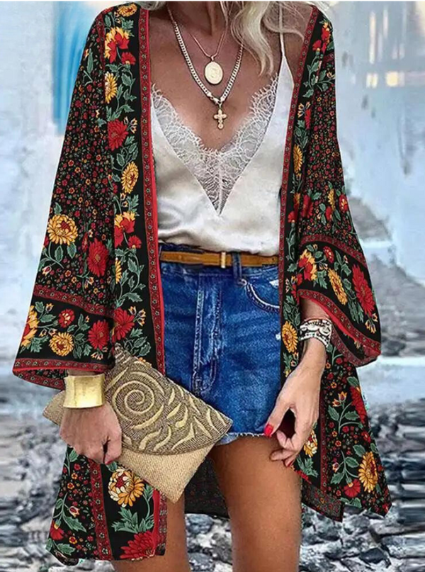 Bertha Beach Cardigan | Sommerlicher Damen-Cardigan im Boho-Stil mit buntem Blumenmuster