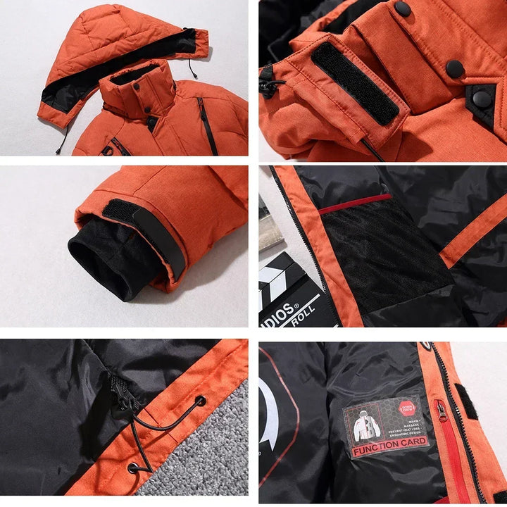 Orange Winterjacke mit Kapuze, Reißverschluss, Klettverschlüssen und Taschen. Wasserabweisend, warm gefüttert, ideal für Outdoor-Aktivitäten.