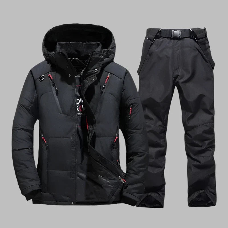 Schwarze Winterjacke und Hose Set, wasserdicht, winddicht, ideal für Outdoor-Aktivitäten, Skifahren, Snowboarden, mit Kapuze und Reißverschlusstaschen.
