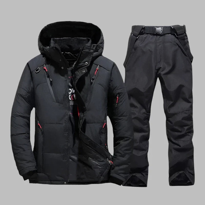 Schwarze Winterjacke und Hose Set, wasserdicht, winddicht, ideal für Outdoor-Aktivitäten, Skifahren, Snowboarden, mit Kapuze und Reißverschlusstaschen.