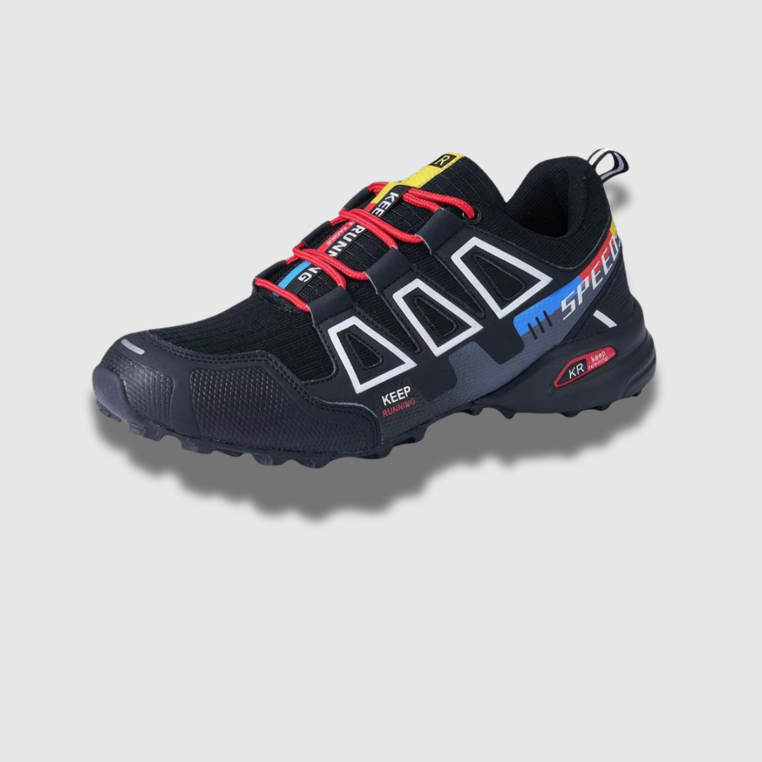 Schwarzer Trailrunning-Schuh mit rotem und blauem Design, robustem Profil und atmungsaktivem Material. Ideal für Outdoor-Sport und Wandern.