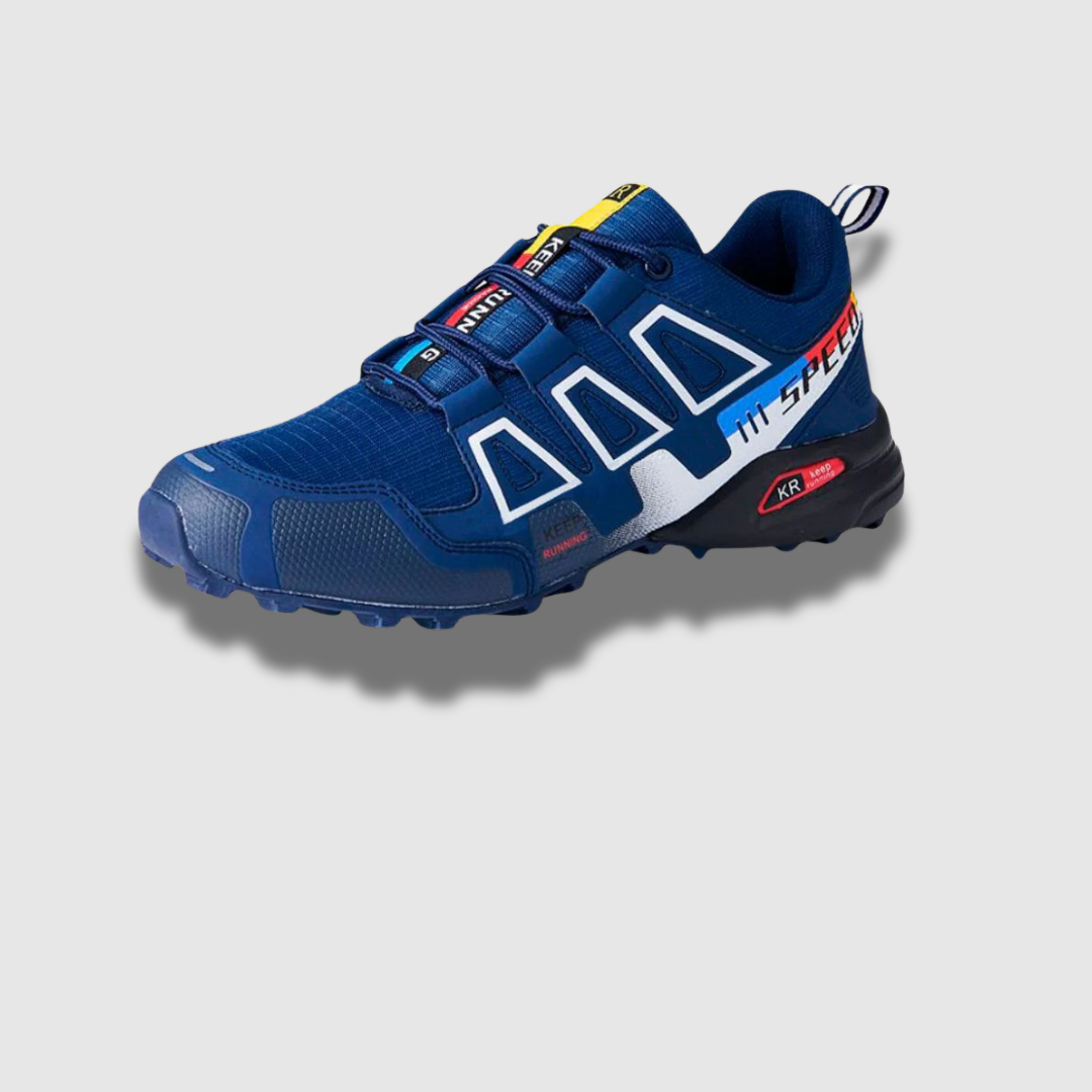 Blauer Trailrunning-Schuh mit robustem Profil, atmungsaktivem Mesh und markanten weißen Akzenten. Ideal für Outdoor-Sport und Laufen im Gelände.