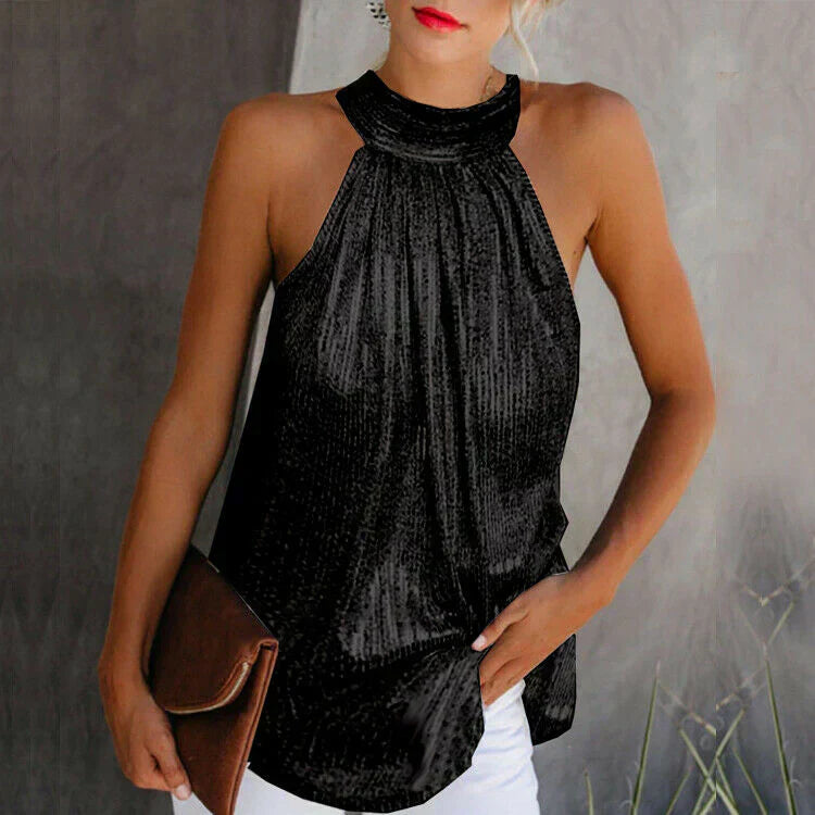 Glitzer Oberteil für den Herbst - Ärmelloses Neckholder-Top für Damen