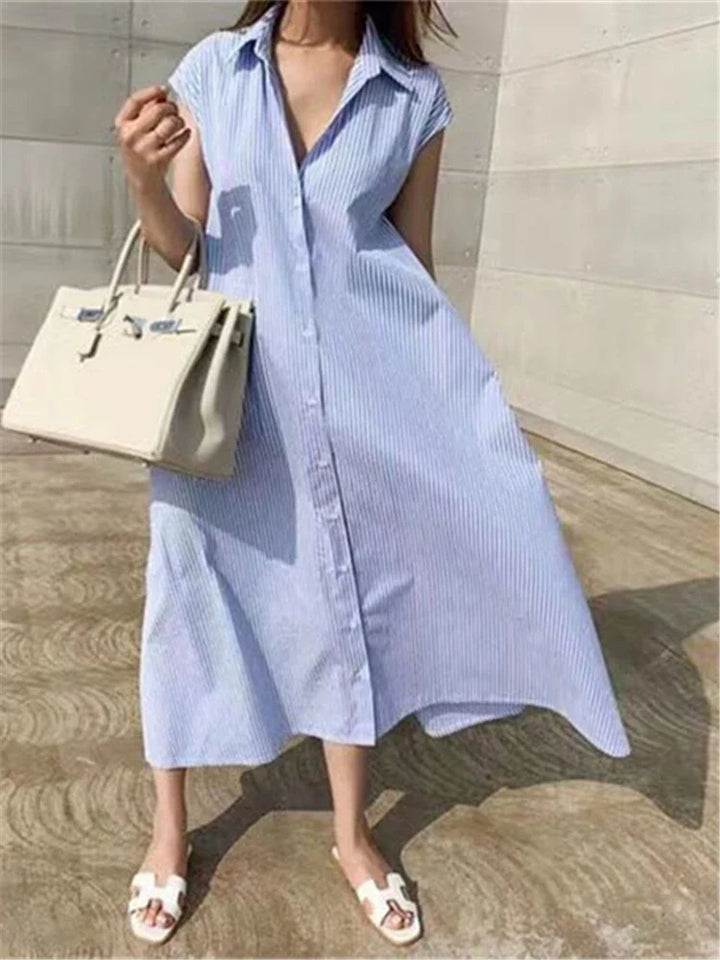 Rania Gestreiftes Kleid | Modernes trendiges A-Linien-Kleid mit kurzen Ärmeln für den Sommer für Frauen