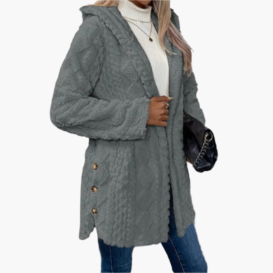 Teddyjacke für den kalte Tage - Stilvolle Lange Fleecejacke mit Kapuze für Damen