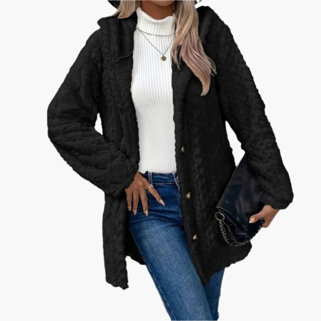 Teddyjacke für den kalte Tage - Stilvolle Lange Fleecejacke mit Kapuze für Damen