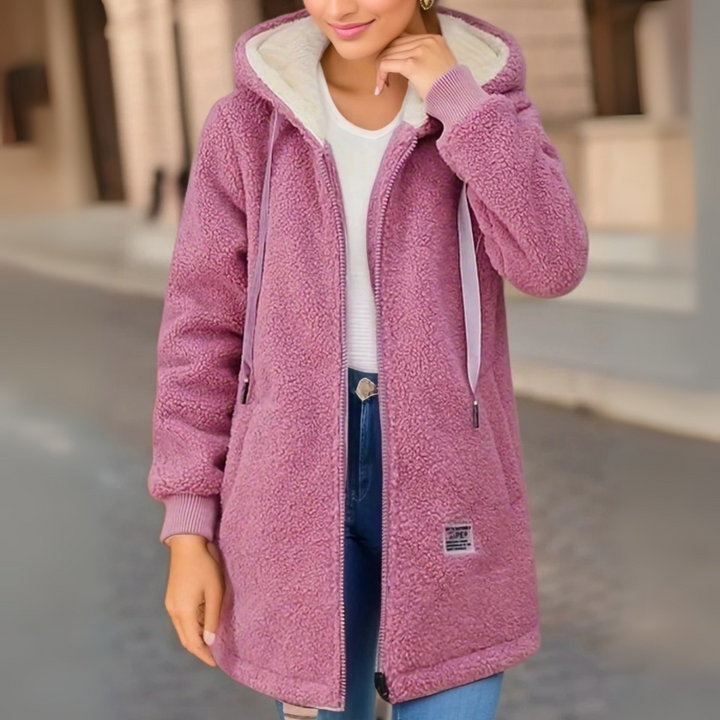 Fleecejacke für den kalte Tage - Stilvolle Lange Übergansjacke mit Kapuze für Damen