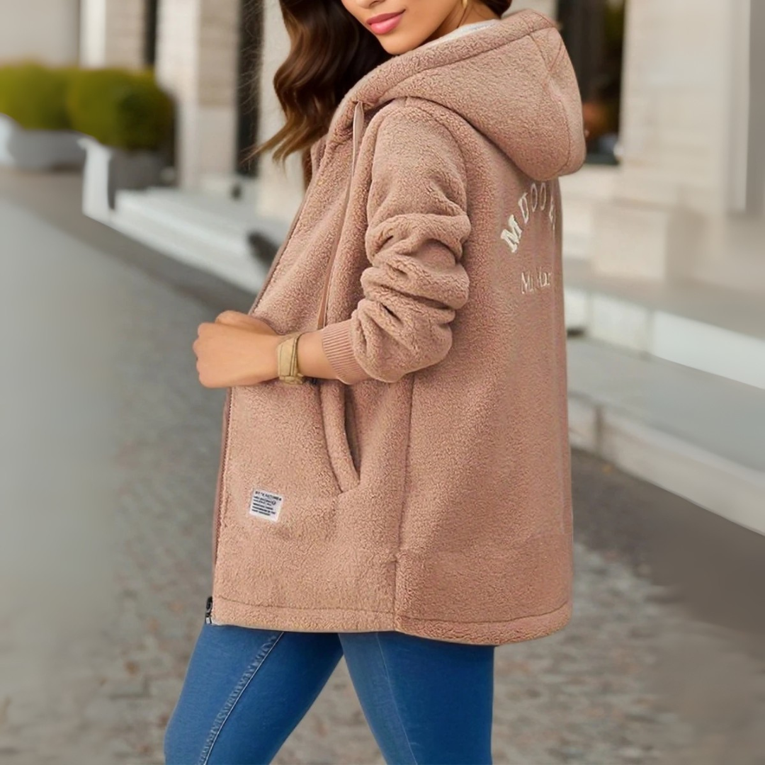 Fleecejacke für den kalte Tage - Stilvolle Lange Übergansjacke mit Kapuze für Damen