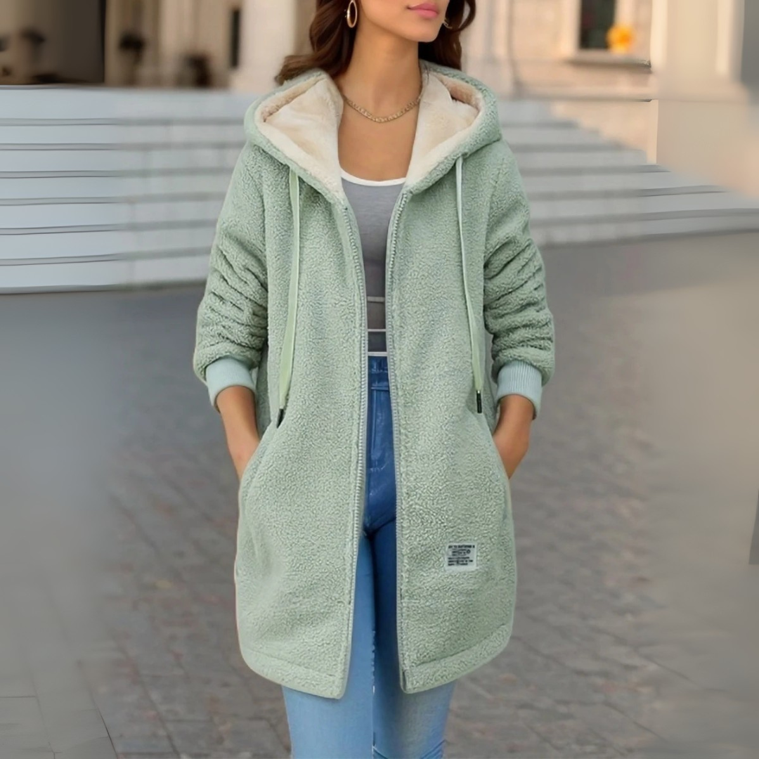 Fleecejacke für den kalte Tage - Stilvolle Lange Übergansjacke mit Kapuze für Damen