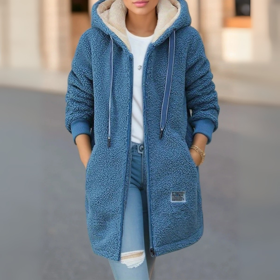 Fleecejacke für den kalte Tage - Stilvolle Lange Übergansjacke mit Kapuze für Damen