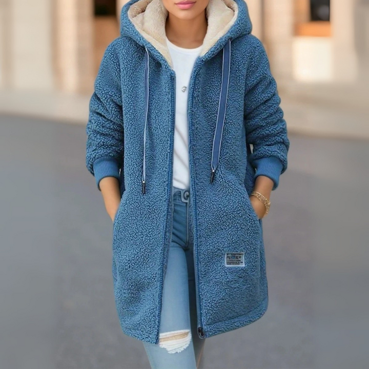 Fleecejacke für den kalte Tage - Stilvolle Lange Übergansjacke mit Kapuze für Damen