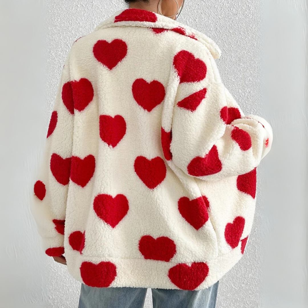 Fleecejacke für den Herbst - Stilvolle Teddyjacke mit Herzmotiven für Damen