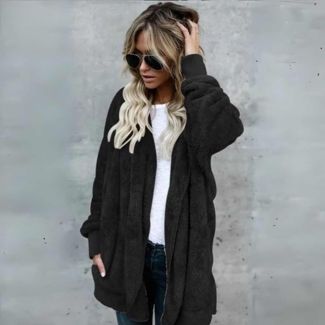 Fleecejacke für den kalte Tage - Lange Teddyjacke mit Kapuze für Damen