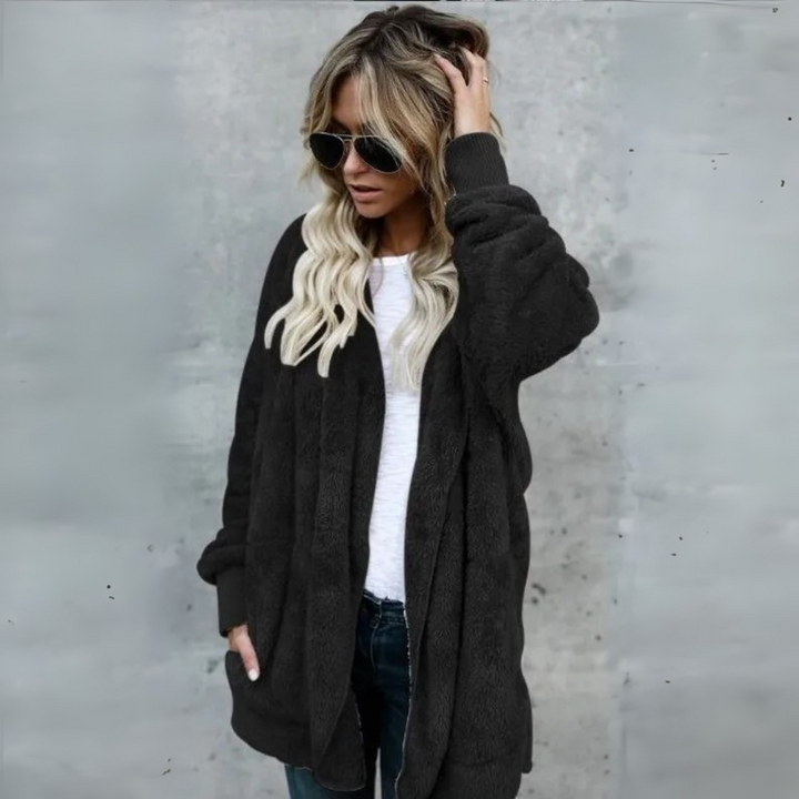 Fleecejacke für den kalte Tage - Lange Teddyjacke mit Kapuze für Damen