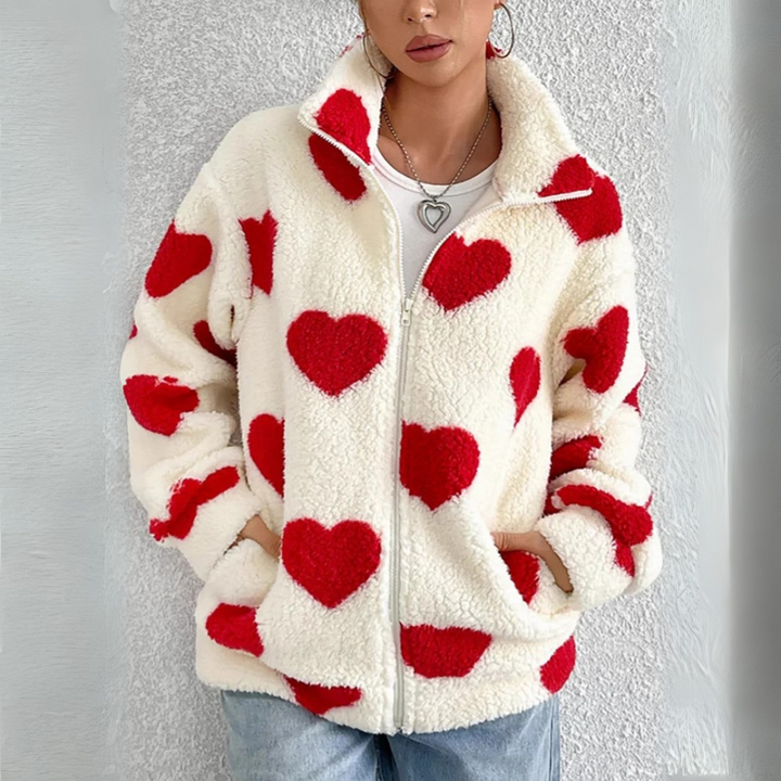 Fleecejacke für den Herbst - Stilvolle Teddyjacke mit Herzmotiven für Damen