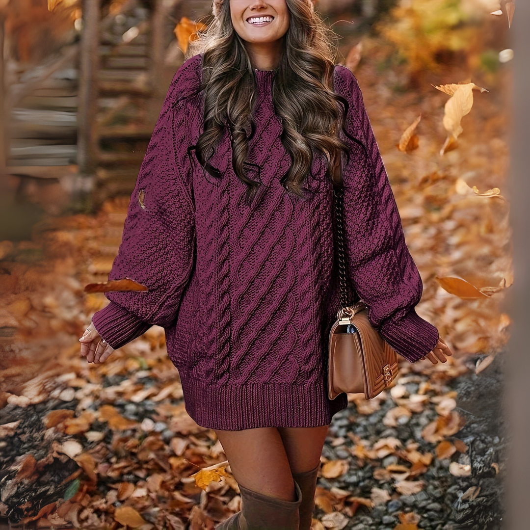 Oversize Strickkleid mit Zopfmuster - Grobstrick Damen Pulloverkleid - Lässiges Minikleid für Herbst/Winter