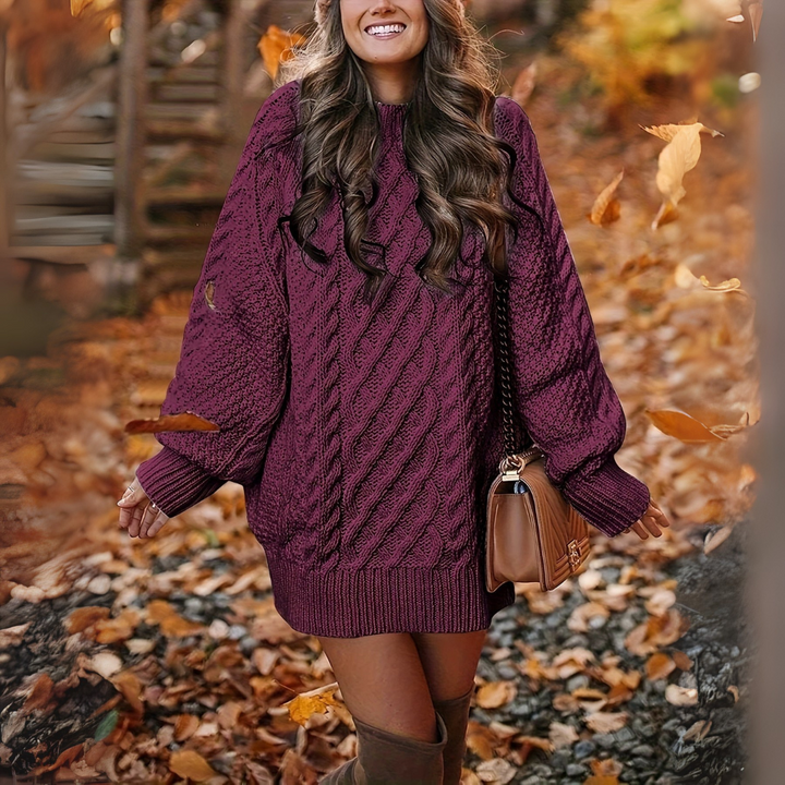 Oversize Strickkleid mit Zopfmuster - Grobstrick Damen Pulloverkleid - Lässiges Minikleid für Herbst/Winter