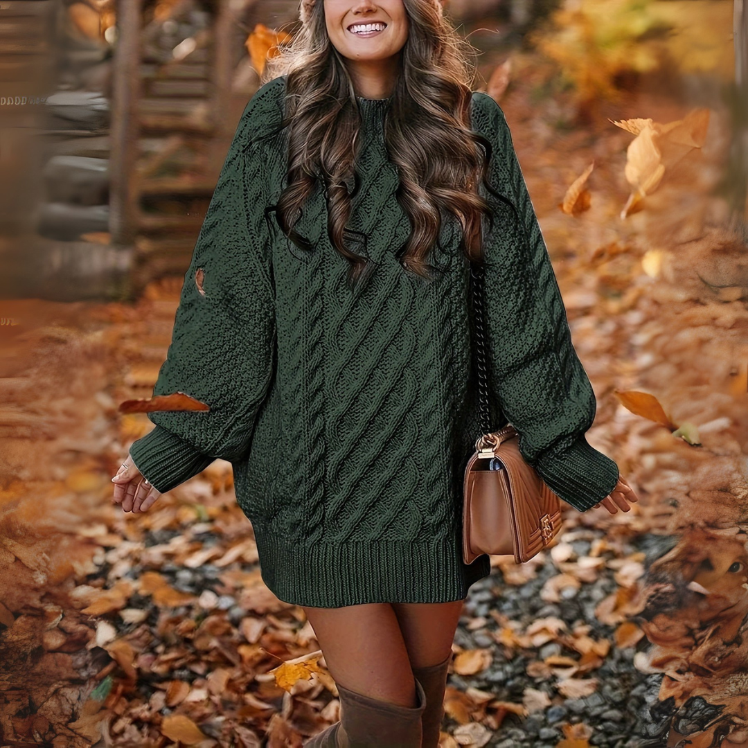 Oversize Strickkleid mit Zopfmuster - Grobstrick Damen Pulloverkleid - Lässiges Minikleid für Herbst/Winter