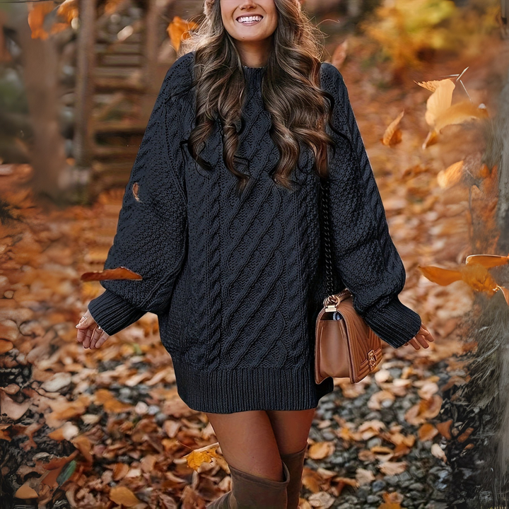 Oversize Strickkleid mit Zopfmuster - Grobstrick Damen Pulloverkleid - Lässiges Minikleid für Herbst/Winter