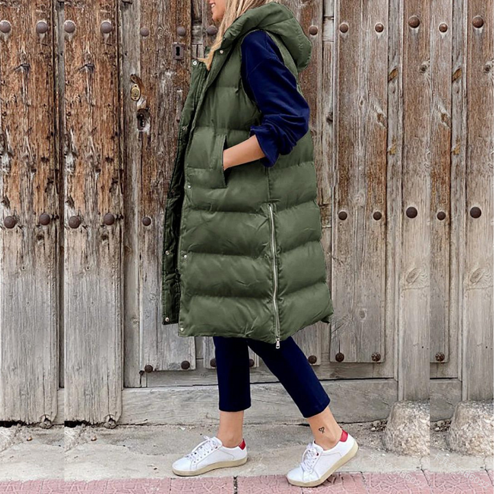 Steppweste für Damen - Elegante Lange Übergangsjacke mit Kapuze