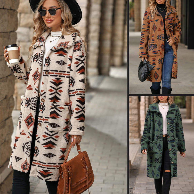 Omodo Nordic Jacke | Trendige Nordic Design lange Fleecejacke für Damen