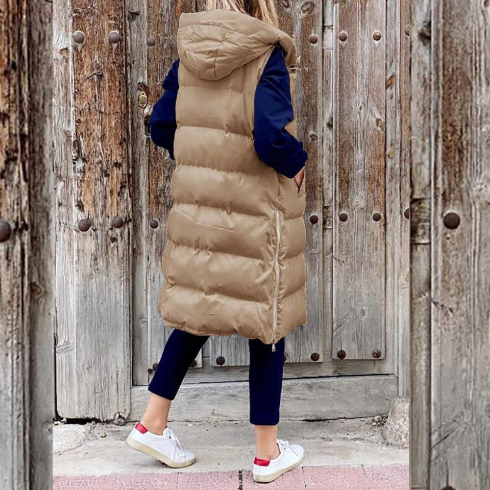 Steppweste für Damen - Elegante Lange Übergangsjacke mit Kapuze
