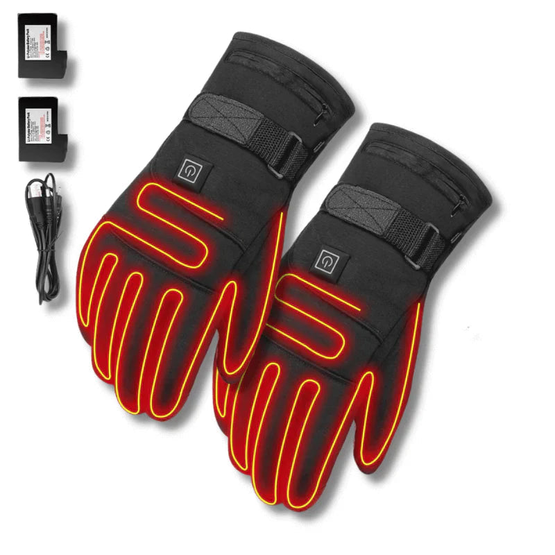 Beheizbare Handschuhe mit roten LED-Leuchtlinien, schwarzem Design, verstellbaren Riemen und zwei wiederaufladbaren Batterien. Ideal für Outdoor-Aktivitäten.