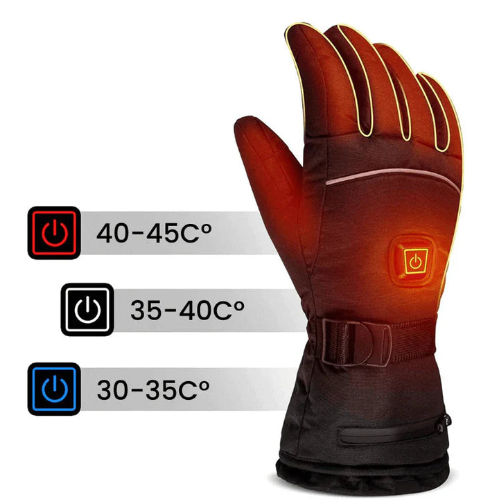 Beheizbare Handschuhe mit Temperaturregelung, drei Heizstufen: 40-45°C, 35-40°C, 30-35°C. Ideal für Outdoor-Aktivitäten im Winter.