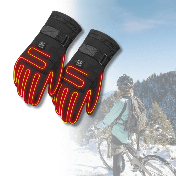 Zwei beheizbare Handschuhe mit roter Umrandung, ideal für Winter-Radfahrer. Perfekt für Outdoor-Aktivitäten bei kaltem Wetter.