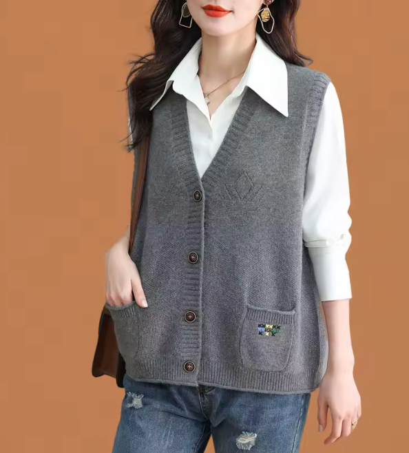 Ärmellose Strickweste für den Herbst - Elegante Strickweste mit Knöpfen und V-Ausschnitt für Damen