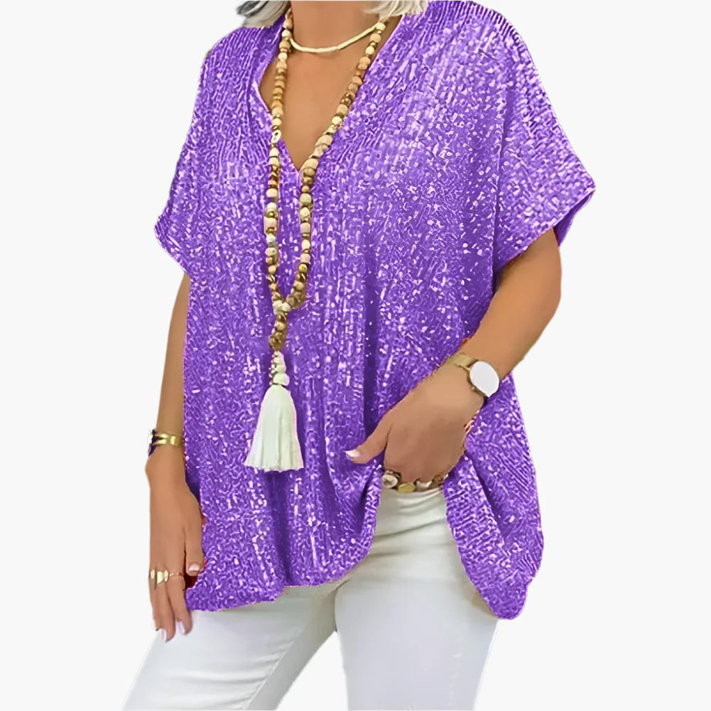 Glitzer Top für den Herbst - Lockere Oberteil mit mit V-Ausschnitt und Glitzernde Pailletten für Damen