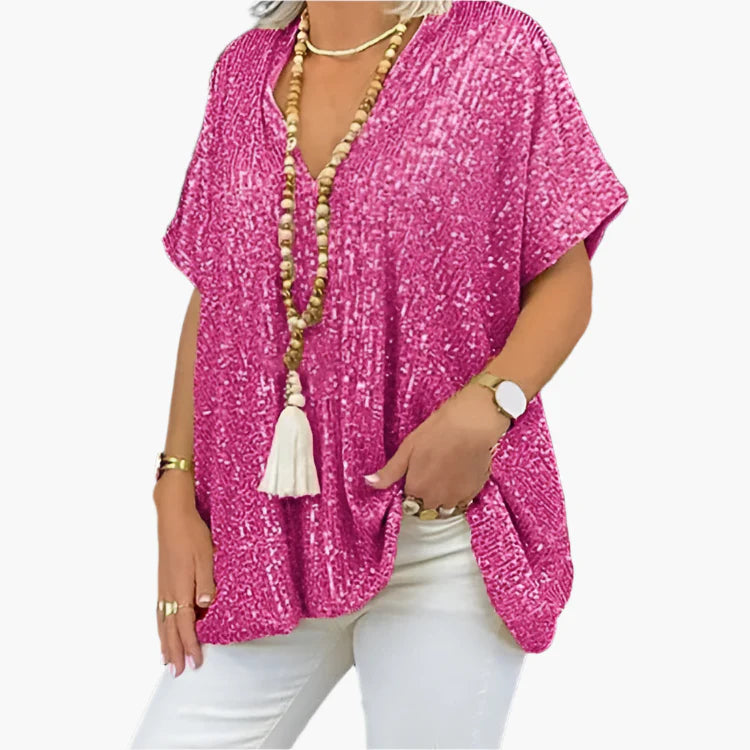 Glitzer Top für den Herbst - Lockere Oberteil mit mit V-Ausschnitt und Glitzernde Pailletten für Damen