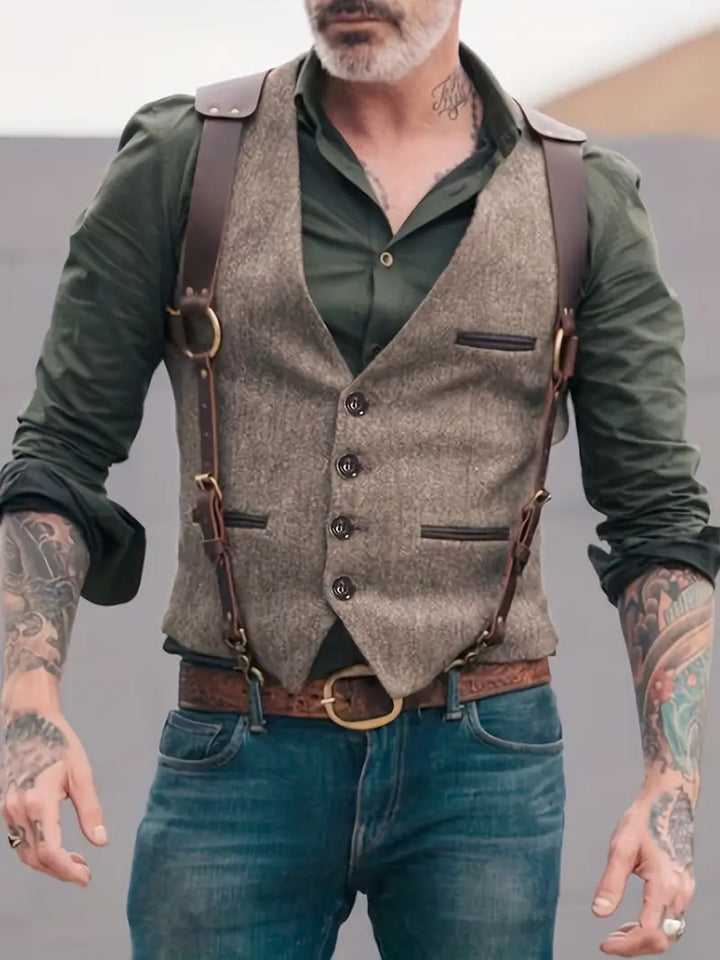 Mann mit grauer Weste, grünem Hemd und Lederhosenträgern, tätowierte Arme, lässiger Stil, modische Herrenbekleidung, urbaner Look.