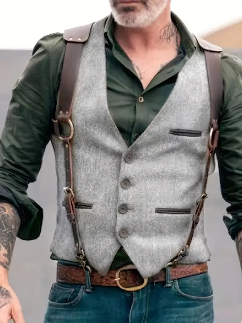 Mann mit grauer Weste, grünem Hemd und Hosenträgern aus Leder. Modischer Vintage-Look, tätowierte Arme, lässiger Stil.