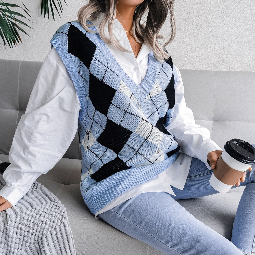 Pullunder für den Herbst - Karrierte Strickpullover mit V-Ausschnitt für Damen