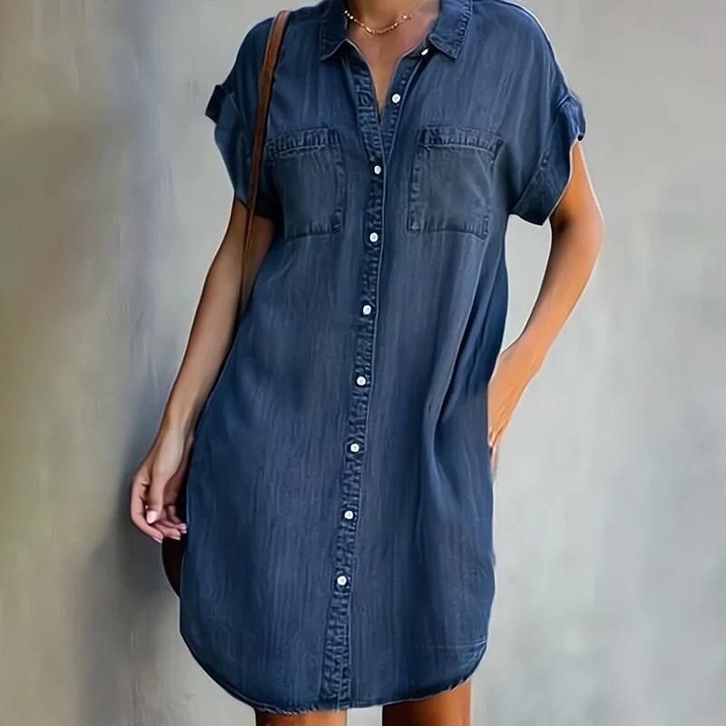 Kylie Jeans Kleid | Vintage Mittellanges Denim-look Kleid für Frauen mit V-Ausschnitt