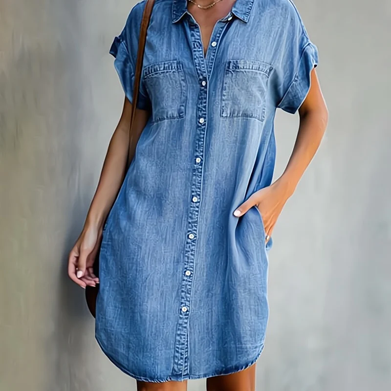 Kylie Jeans Kleid | Vintage Mittellanges Denim-look Kleid für Frauen mit V-Ausschnitt