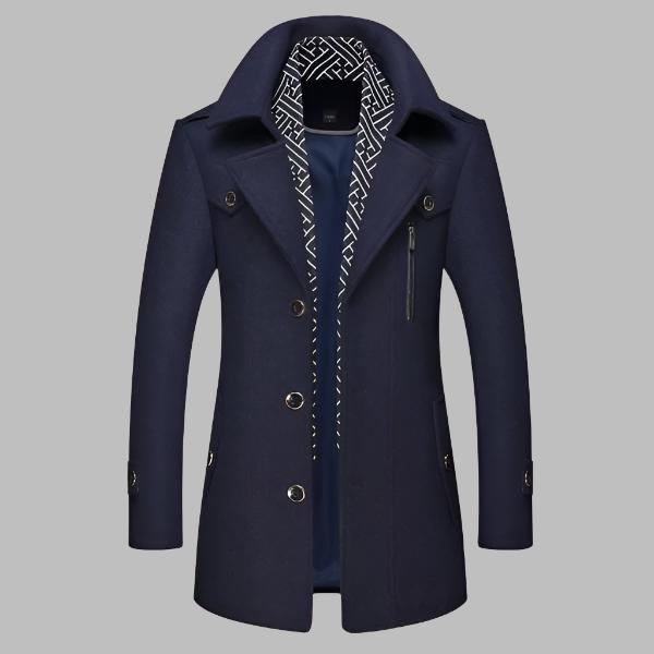 Dunkelblauer Herrenmantel mit Knopfleiste und gemustertem Innenfutter, elegantes Design, ideal für Herbst- und Wintermode.